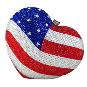 NWT Beautiful Sparkling Bling Crystal American Flag Heart Clutch Purse +…